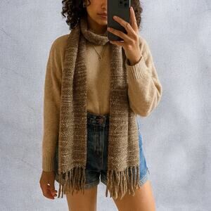 Vintage 90s Clubfellow Made in Italy Brown Tweed Knit Cotton Blend Fringe Scarf